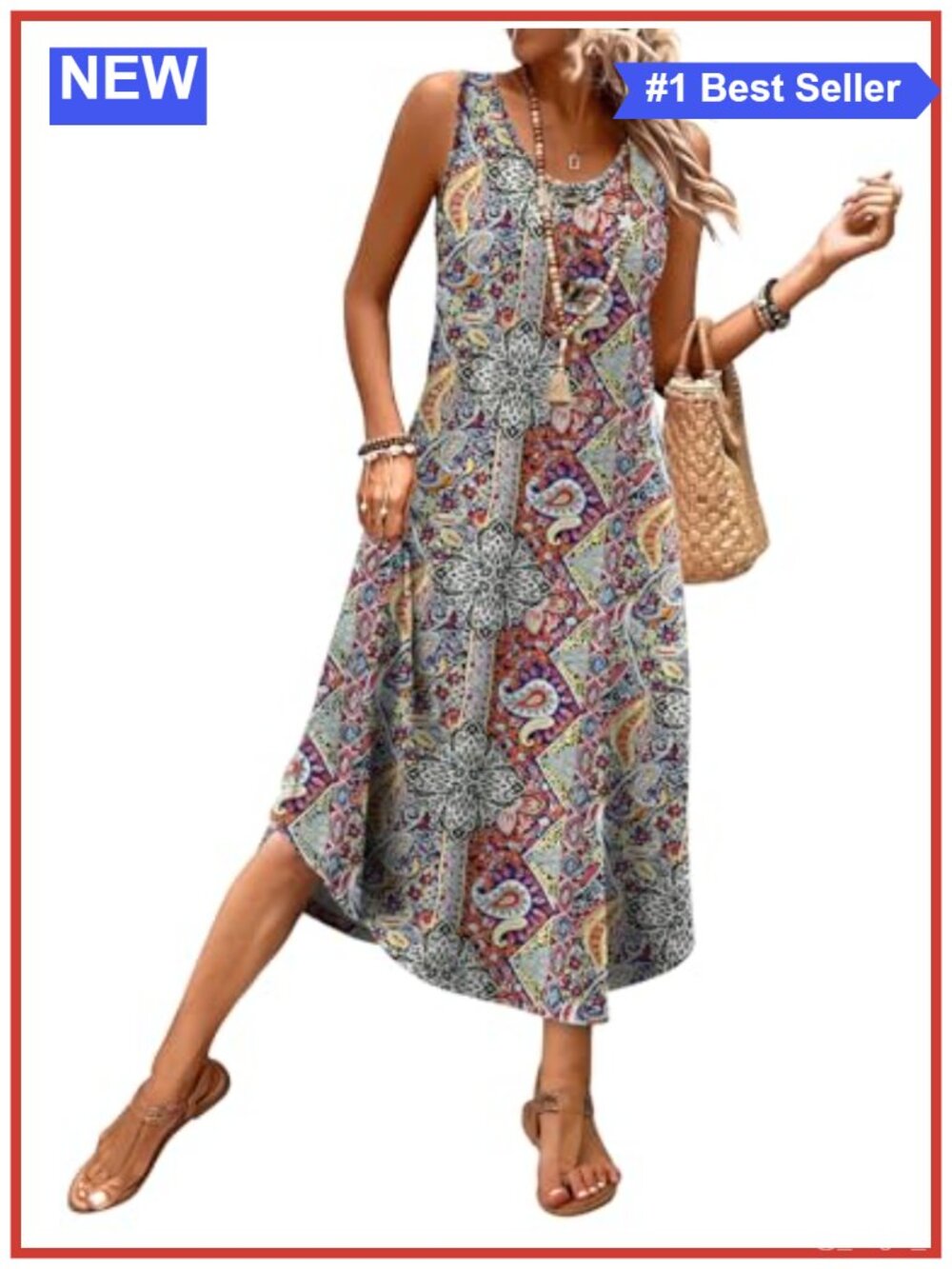 Sleeveless Midi Sundress with Pockets, Summer Casual Beach Dress